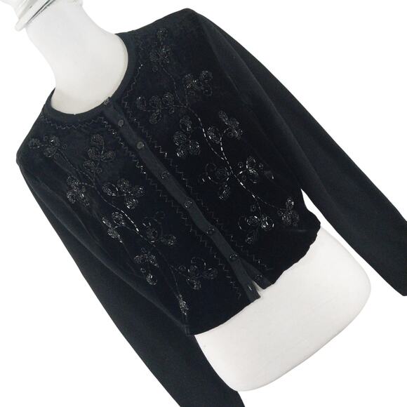 BANANA REPUBLIC! MERINO WOOL, VELVET & BEADED BLACK CARDIGAN SWEATER! SZ M - Picture 1 of 9